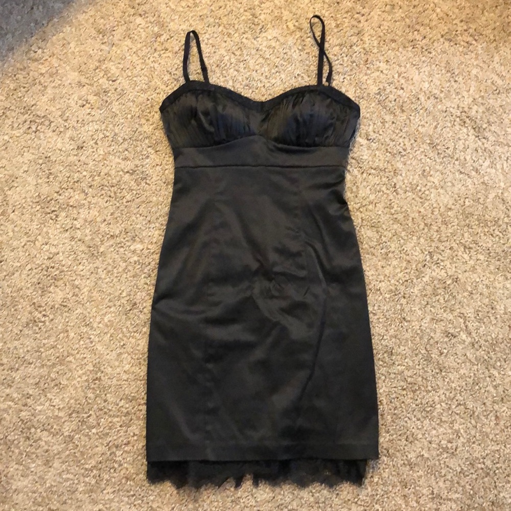 Guess Black Satin Ruched Lace Dress Size 6